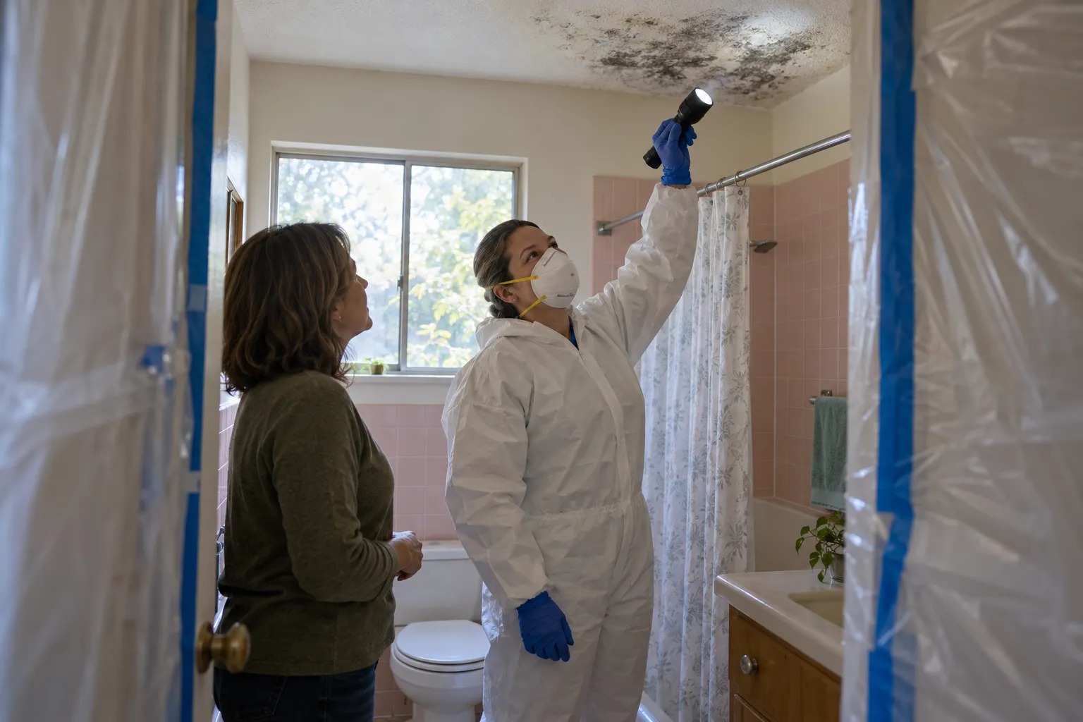 Friendly mold removal provider in protective gear checking a stained bathroom ceiling in a Sacramento stucco home
